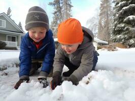 Kids building a snowman in winter day AI Generative photo