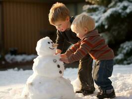 Kids building a snowman in winter day AI Generative photo