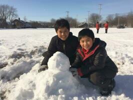 Kids building a snowman in winter day AI Generative photo