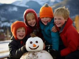 niños edificio un monigote de nieve en invierno día ai generativo foto