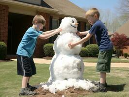 Kids building a snowman in winter day AI Generative photo