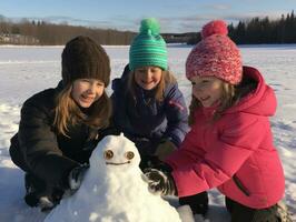 Kids building a snowman in winter day AI Generative photo