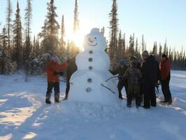 Kids building a snowman in winter day AI Generative photo