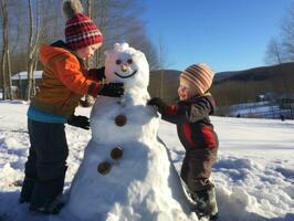 Kids building a snowman in winter day AI Generative photo