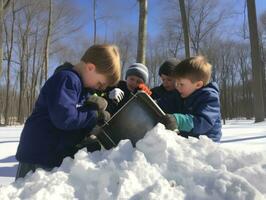 Kids building a snowman in winter day AI Generative photo