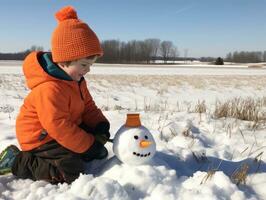 Kids building a snowman in winter day AI Generative photo