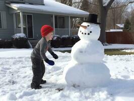 Kids building a snowman in winter day AI Generative photo