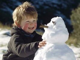 Kids building a snowman in winter day AI Generative photo