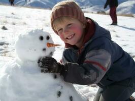 Kids building a snowman in winter day AI Generative photo