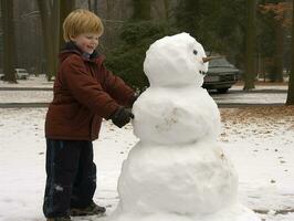 Kids building a snowman in winter day AI Generative photo