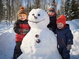 Kids building a snowman in winter day AI Generative photo