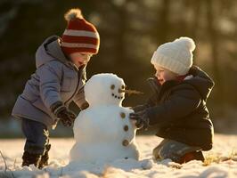 Kids building a snowman in winter day AI Generative photo