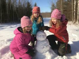 Kids building a snowman in winter day AI Generative photo