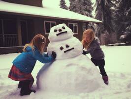 Kids building a snowman in winter day AI Generative photo