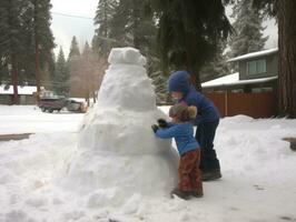 Kids building a snowman in winter day AI Generative photo