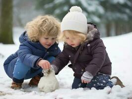 Kids building a snowman in winter day AI Generative photo