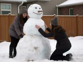 Kids building a snowman in winter day AI Generative photo