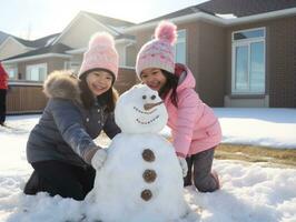 Kids building a snowman in winter day AI Generative photo