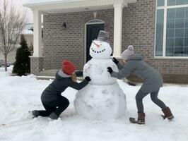 Kids building a snowman in winter day AI Generative photo