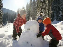 Kids building a snowman in winter day AI Generative photo