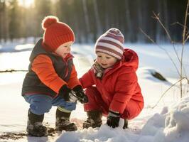 Kids building a snowman in winter day AI Generative photo