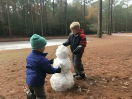 niños edificio un monigote de nieve en invierno día ai generativo foto