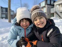 Kids building a snowman in winter day AI Generative photo