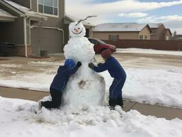 Kids building a snowman in winter day AI Generative photo