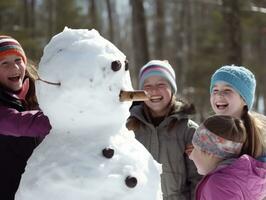 niños edificio un monigote de nieve en invierno día ai generativo foto