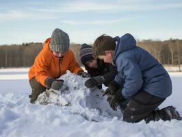 Kids building a snowman in winter day AI Generative photo