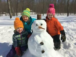 Kids building a snowman in winter day AI Generative photo