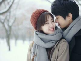 Loving asian couple is enjoying a romantic winter day AI Generative photo