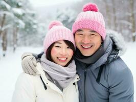 Loving asian couple is enjoying a romantic winter day AI Generative photo