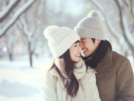 Loving asian couple is enjoying a romantic winter day AI Generative photo