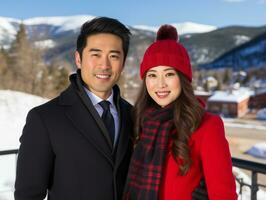 Loving asian couple is enjoying a romantic winter day AI Generative photo