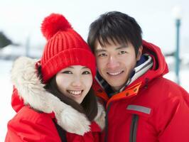 amoroso asiático Pareja es disfrutando un romántico invierno día ai generativo foto