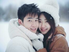 Loving asian couple is enjoying a romantic winter day AI Generative photo