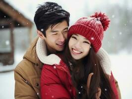 Loving asian couple is enjoying a romantic winter day AI Generative photo