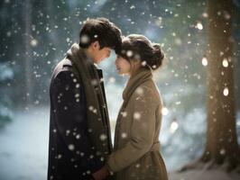 Loving asian couple is enjoying a romantic winter day AI Generative photo