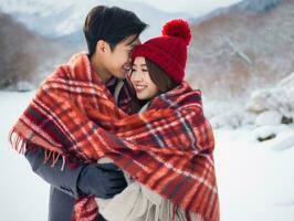 Loving asian couple is enjoying a romantic winter day AI Generative photo