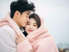 Loving asian couple is enjoying a romantic winter day AI Generative photo