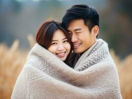 Loving asian couple is enjoying a romantic winter day AI Generative photo