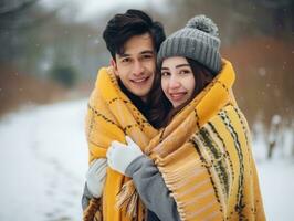 Loving asian couple is enjoying a romantic winter day AI Generative photo