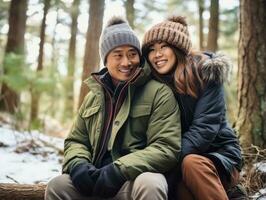 Loving asian couple is enjoying a romantic winter day AI Generative photo