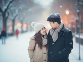 Loving asian couple is enjoying a romantic winter day AI Generative photo