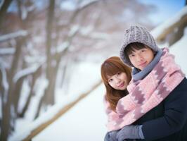 Loving asian couple is enjoying a romantic winter day AI Generative photo