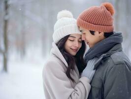 amoroso asiático Pareja es disfrutando un romántico invierno día ai generativo foto