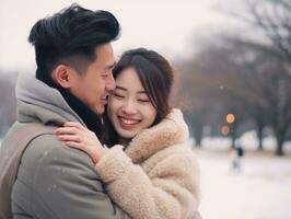 amoroso asiático Pareja es disfrutando un romántico invierno día ai generativo foto