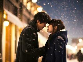 Loving asian couple is enjoying a romantic winter day AI Generative photo