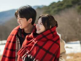 Loving asian couple is enjoying a romantic winter day AI Generative photo